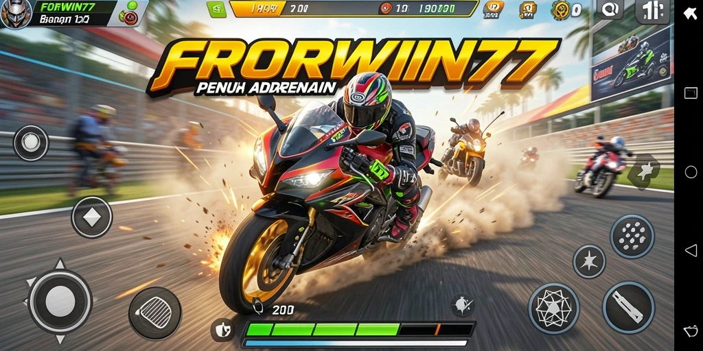 Screenshot utama FORWIN77 menampilkan balapan motor yang dinamis dan mendebarkan.