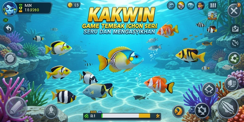 Screenshot gameplay KAKWIN dengan aksi menembak ikan yang menarik.