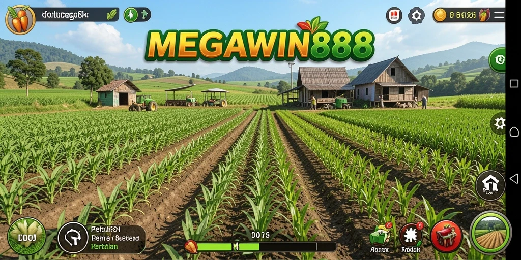 Screenshot gameplay <strong>MEGAWIN888</strong> menampilkan ladang subur dan aktivitas pertanian.