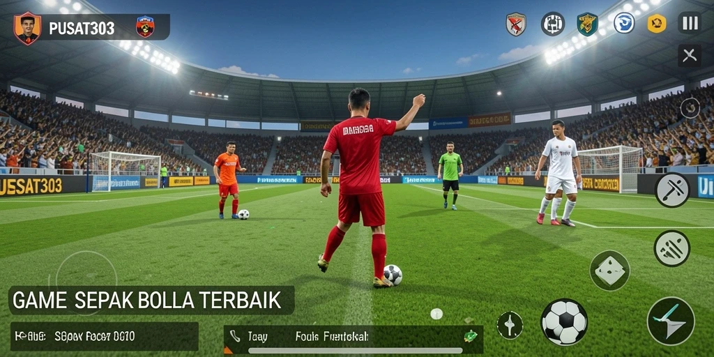 Screenshot PUSAT303 menunjukkan aksi seru di lapangan sepak bola.