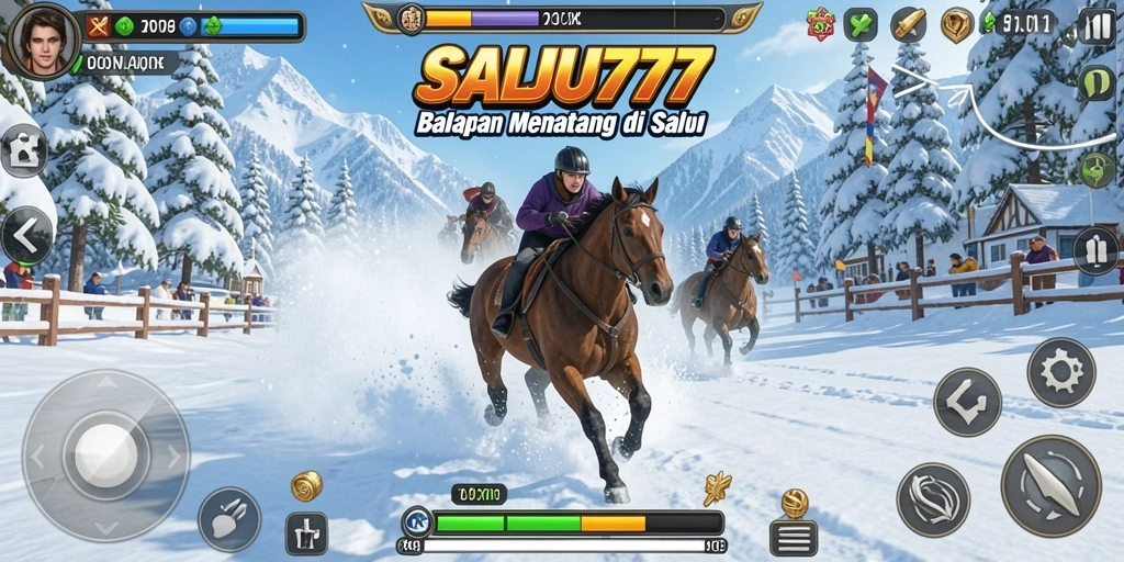 Tampilan screenshot utama SALJU777 menampilkan aksi balap seru di lintasan salju.