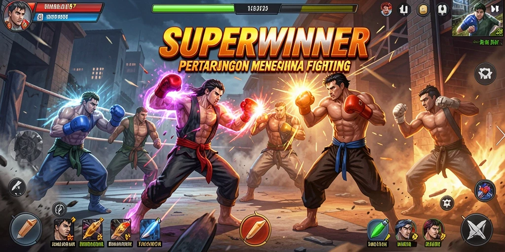 Tampilan pertarungan seru dan karakter yang unik dalam SUPERWINNER.