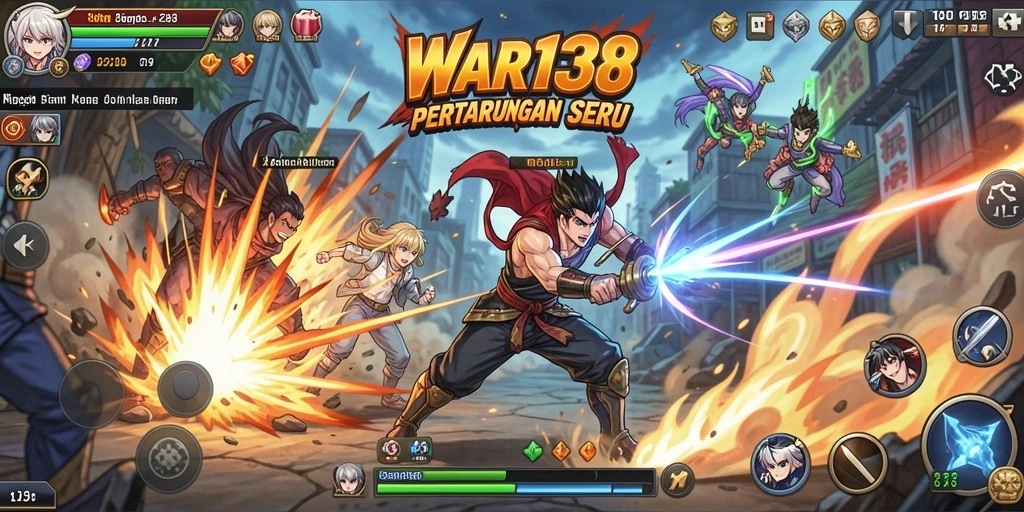 Screenshot utama WAR138 menampilkan aksi seru pertarungan karakter anime.
